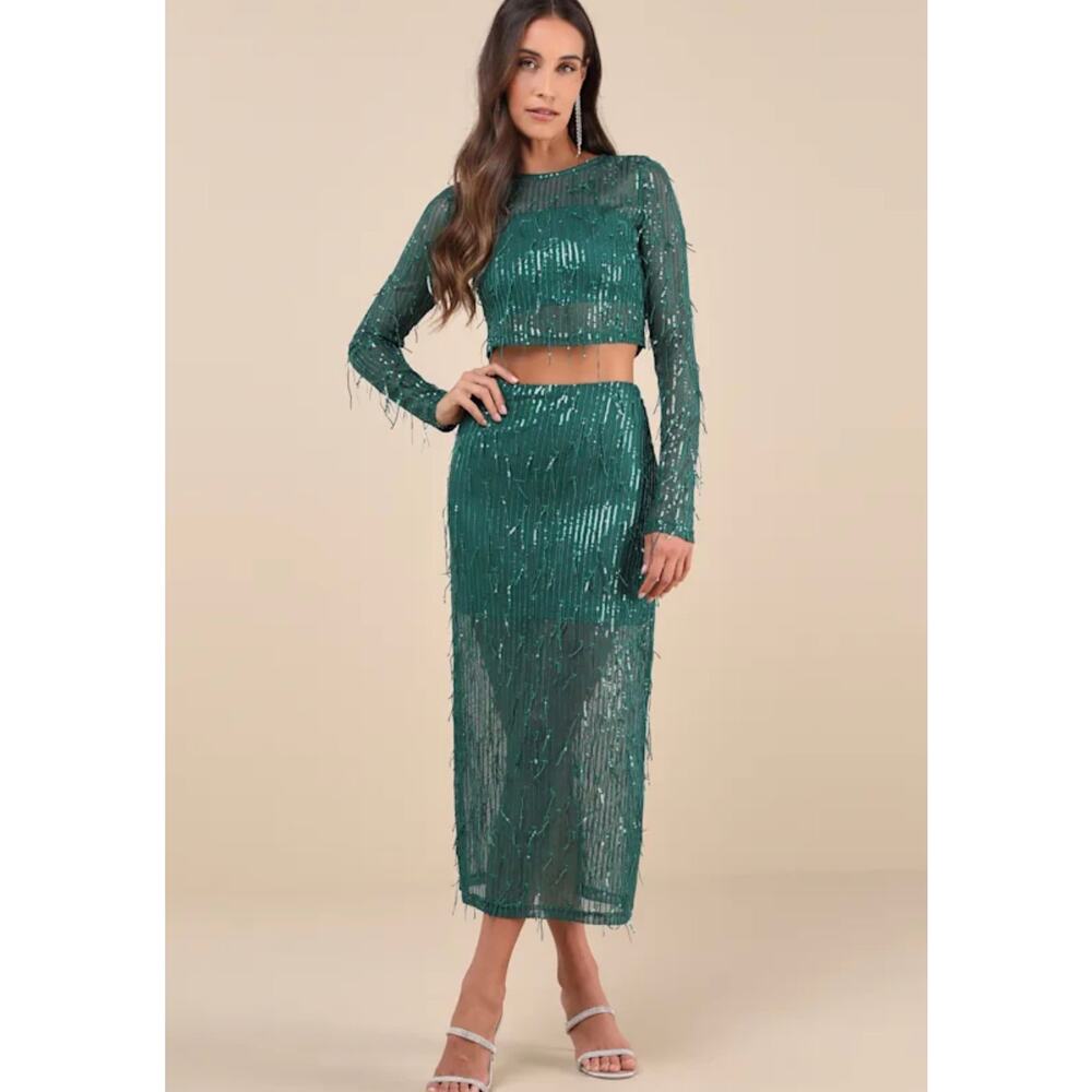 Lulus Greatest Sparkle Green Mesh Sequin Fringe Two-Piece Midi Dress - Picture 2 of 6